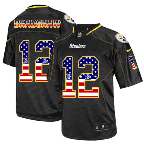 Men's Elite Terry Bradshaw Nike Jersey Black - #12 USA Flag Fashion NFL Pittsburgh Steelers